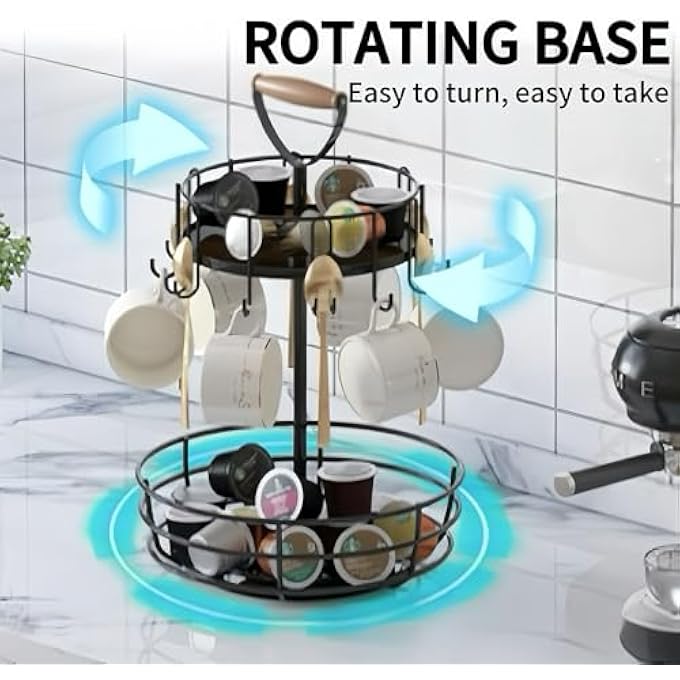 rayihni 2 Tier Rotatable Metal Coffee Mug Rack Fruit Basket 360 Degree Rotating Coffee Pod Holder Stand Dispenser Double Layer Storage Rack Cup Holder Saucer Basket For Kitchenhome Office Black - Image 4