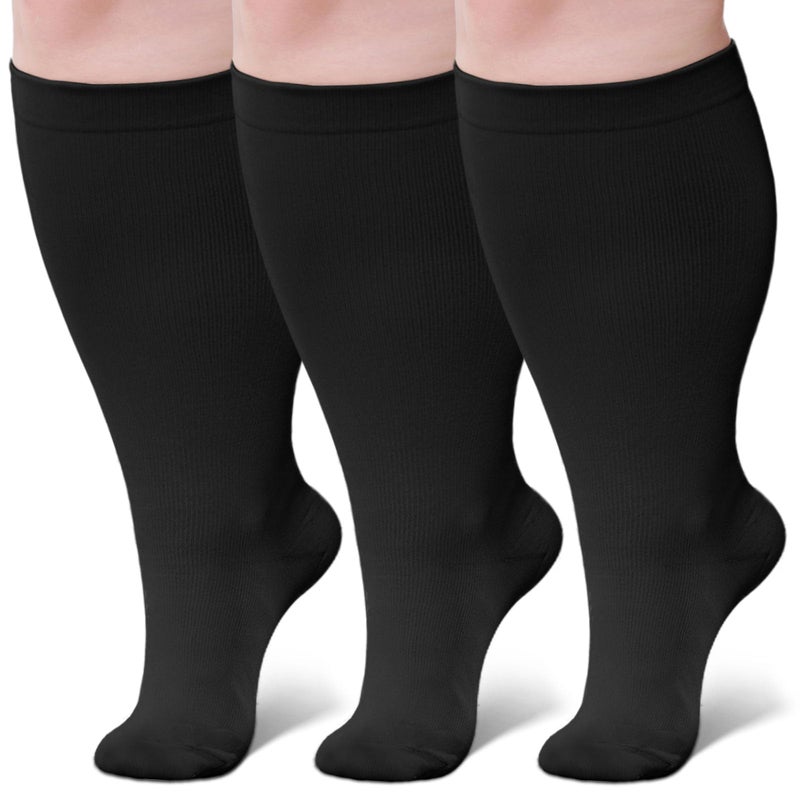 BODALA Wide Calf Compression Socks: Plus Size Compression Stockings for Men Women - Extra Large 20-30 mmHg Compression Hose Support for Travel Nurses Running Pregnancy 3 Pairs 3XL Black - Image 1