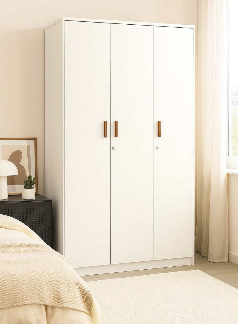 AFT Spacious White MDF 3-Door Wardrobe with Storage, Hanging Rod, Shelves, Lockable and Drawer, Sleek Metallic Handles, and Durable Hinges – 200 cm (H) x 120 cm (W) x 50 cm (D) White (ARFAN) - Image 1