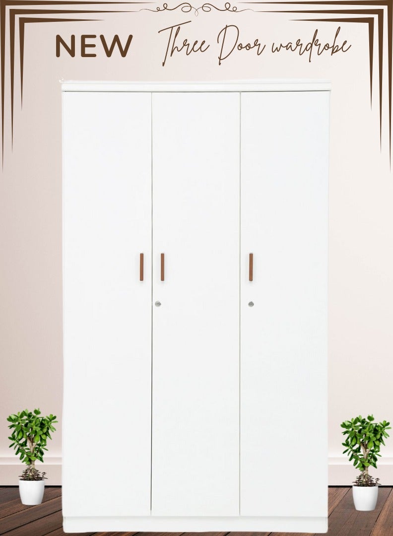 AFT Spacious White MDF 3-Door Wardrobe with Storage, Hanging Rod, Shelves, Lockable and Drawer, Sleek Metallic Handles, and Durable Hinges – 200 cm (H) x 120 cm (W) x 50 cm (D) White (ARFAN) - Image 3