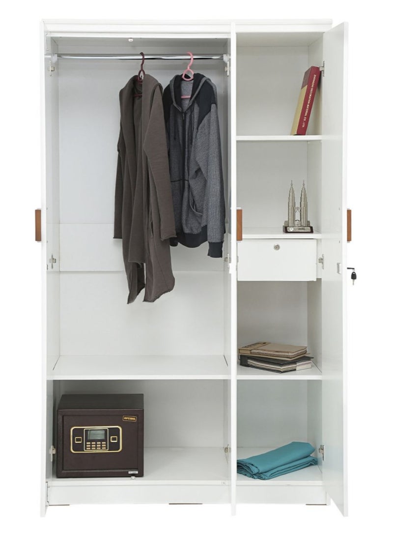 AFT Spacious White MDF 3-Door Wardrobe with Storage, Hanging Rod, Shelves, Lockable and Drawer, Sleek Metallic Handles, and Durable Hinges – 200 cm (H) x 120 cm (W) x 50 cm (D) White (ARFAN) - Image 5