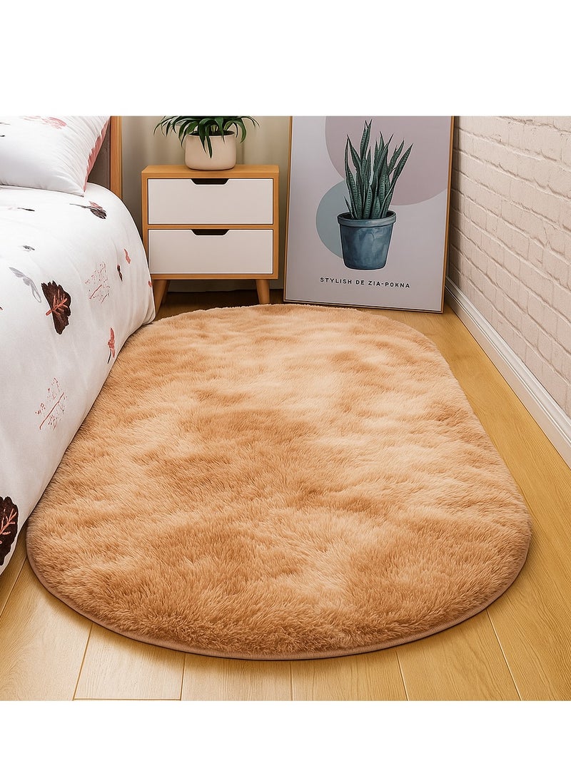 Bluejw 160 CM 1-Piece Bedroom Carpet Oval Brown Fluffy Khaki Rugs for Bedroom Living Room Throw Rug for Kids Room,Shag Hallway Runner Rug,Small Soft Shaggy Bedside Non-Slip Plush Nursery Dorm Carpet Home Decor Aesthetic - Image 3