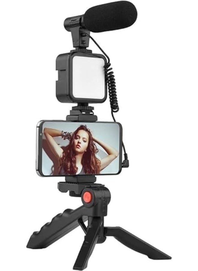 حامل تليفون لتسجيل الفيديو مع مايكروفون وضوء LED وحامل ثلاثي – طقم متكامل لصناعة المحتوى - Image 4