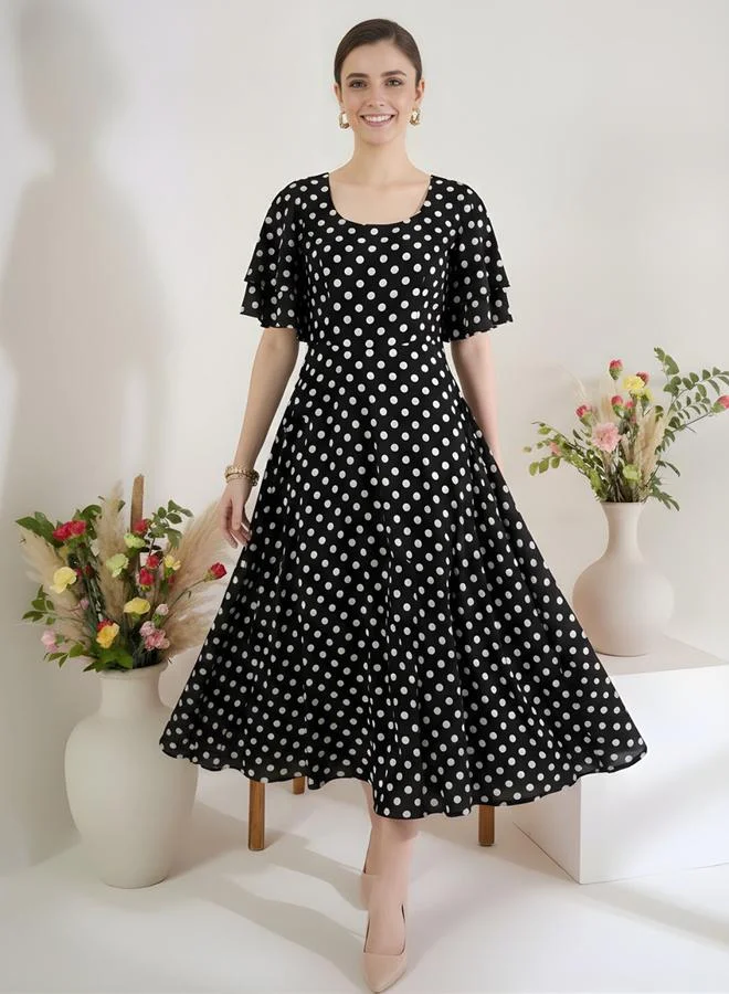 Uptownie Black Stretchable Polka Dot Flared Midi Dress