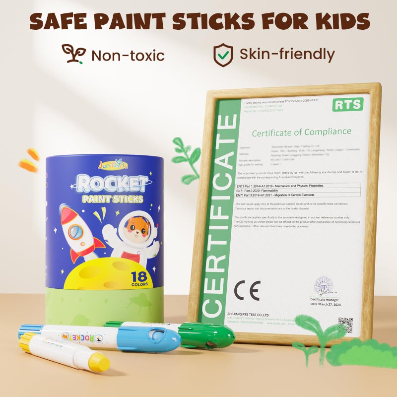 JUPITEARTH 18 Colors Rocket Tempera Paint Sticks with 120 PDF Coloring Pages, Quick Drying, Non-Toxic and Washable Paint Sticks for Kids and Students, Art Supplies for Drawing on Paper and Canvas - Image 5