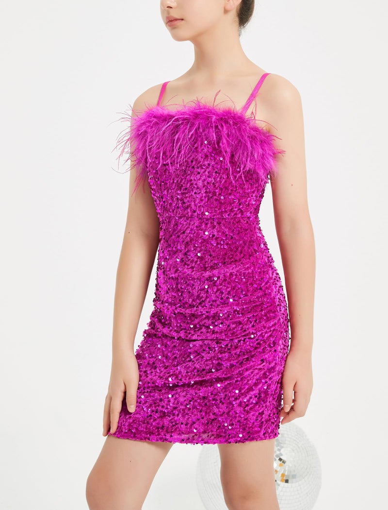 EXARUS Girls Sequin Dress Glitter Bodycon Sparkle Sparkly Ruched Tween Spaghetti Strap Semi Formal Party Cocktail Ball Prom Teen Wedding Kids Mini Dresses Fancy Glam Velvet Hot Pink 10Y - Image 2