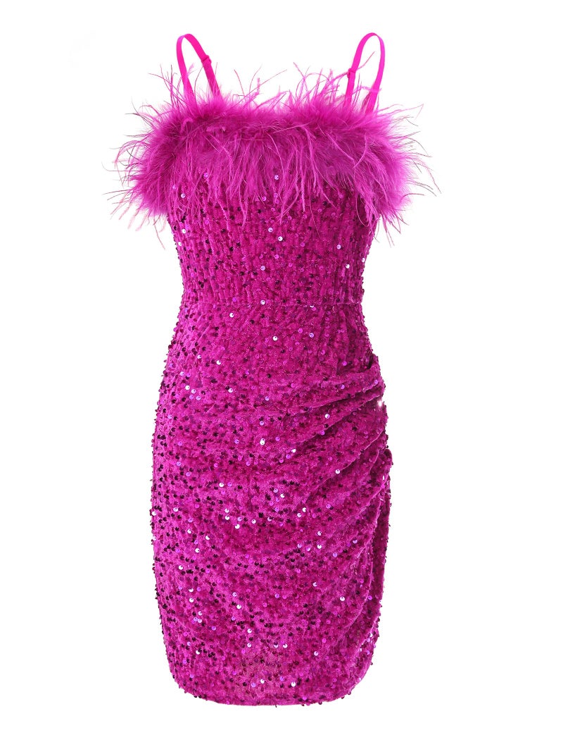 EXARUS Girls Sequin Dress Glitter Bodycon Sparkle Sparkly Ruched Tween Spaghetti Strap Semi Formal Party Cocktail Ball Prom Teen Wedding Kids Mini Dresses Fancy Glam Velvet Hot Pink 10Y - Image 1