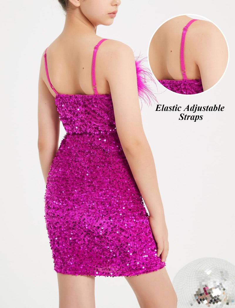 EXARUS Girls Sequin Dress Glitter Bodycon Sparkle Sparkly Ruched Tween Spaghetti Strap Semi Formal Party Cocktail Ball Prom Teen Wedding Kids Mini Dresses Fancy Glam Velvet Hot Pink 10Y - Image 4