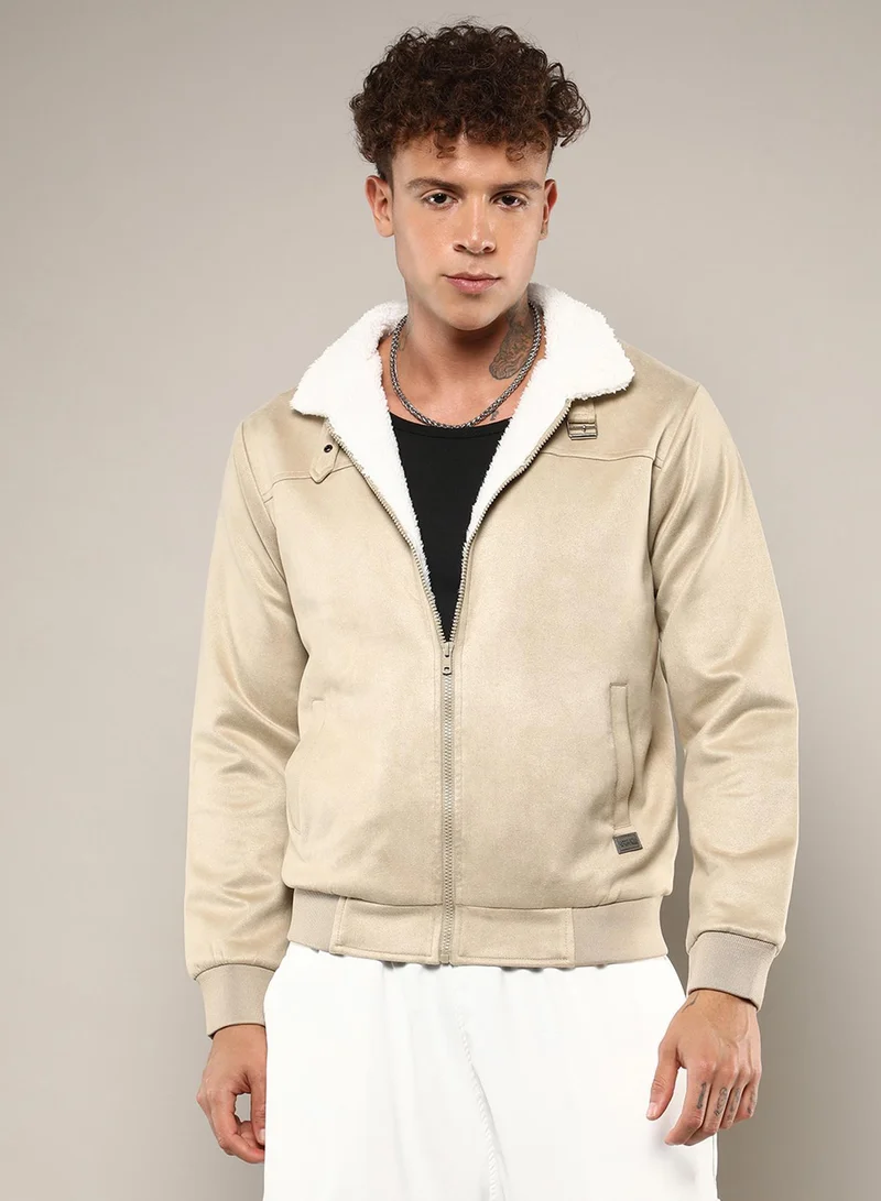 Campus Sutra Men's Saltbox Beige Fur-Lined Suede Bomber Jacket