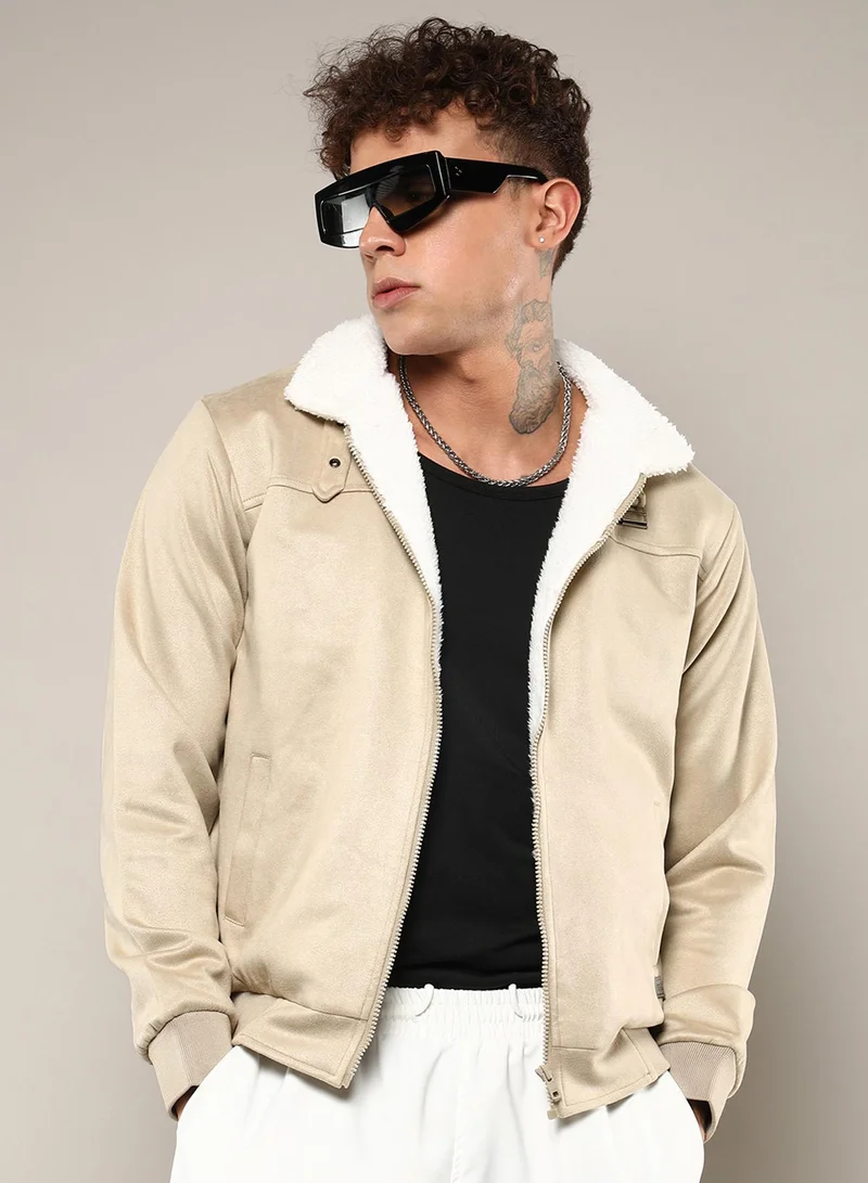 Campus Sutra Men's Saltbox Beige Fur-Lined Suede Bomber Jacket