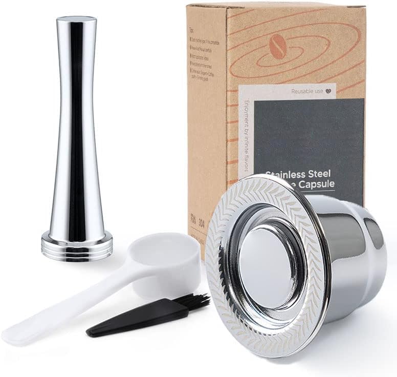 RECAFIMIL Stainless Steel Refillable Coffee Espresso Capsules, Reusable Coffee Pods Compatible with Ne-spresso Original Line Brewers New Generation (Capsules + Tamper) - Image 1