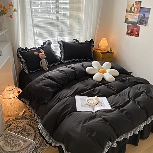 MOOWOO Chic Ruffle Lace Polyester Duvet Cover Set - Luxury Premium Black Bedding-2 Piece Twin Duvet Cover with Zipper Closure -Ultra Soft and Light Weight(Black, Twin) - Image 2