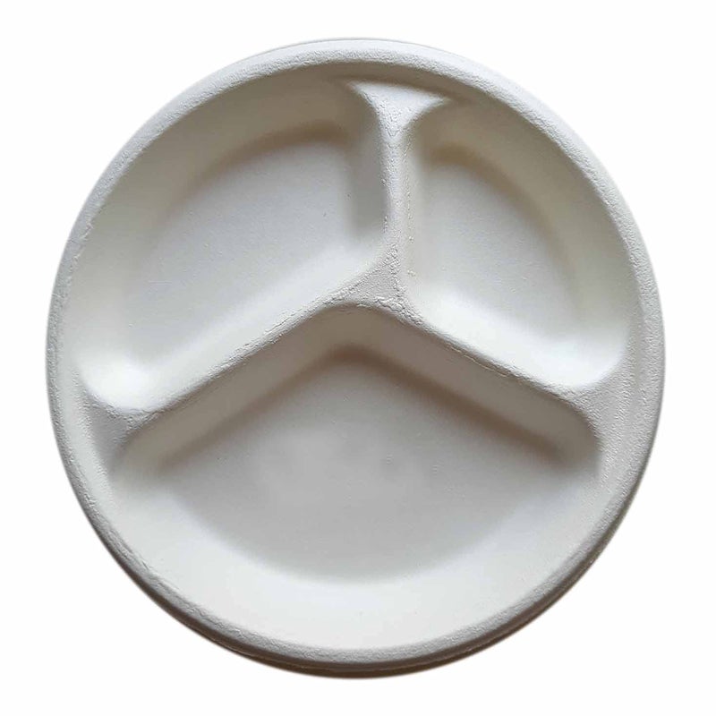 YASH VISION 9 Inch Round Disposable Plates with 3 Compartments Made of Sugar Cane Fiber Leak Proof and Strong Biodegradable and compostable Ideal for Salads Fruits Sweets Snacks Dinner 100 - Image 2