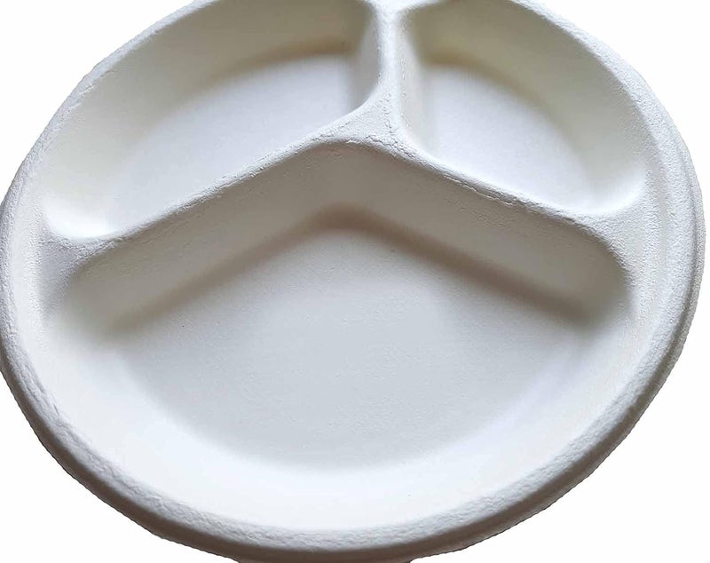 YASH VISION 9 Inch Round Disposable Plates with 3 Compartments Made of Sugar Cane Fiber Leak Proof and Strong Biodegradable and compostable Ideal for Salads Fruits Sweets Snacks Dinner 100 - Image 4