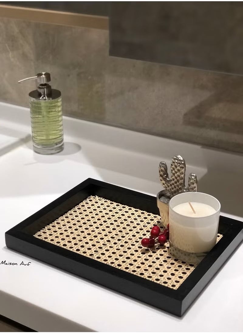 Generic Rectangle Serving Tray with Imitated Rattan, Basket Serving Tray with Black Wooden Frame for Coffee, Breakfast, Food, Drink, Make Up Decorative Trays 32 x 23 x 2 cm  - Image 3