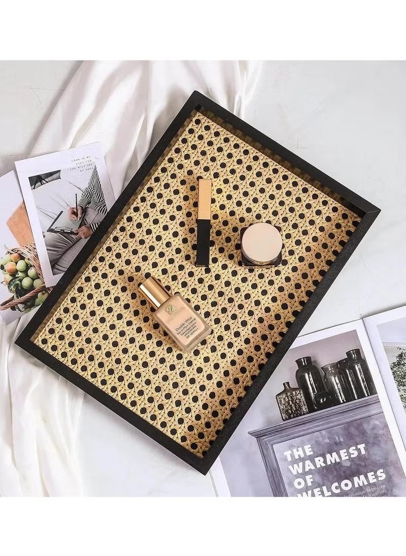 Generic Rectangle Serving Tray with Imitated Rattan, Basket Serving Tray with Black Wooden Frame for Coffee, Breakfast, Food, Drink, Make Up Decorative Trays 32 x 23 x 2 cm  - Image 2