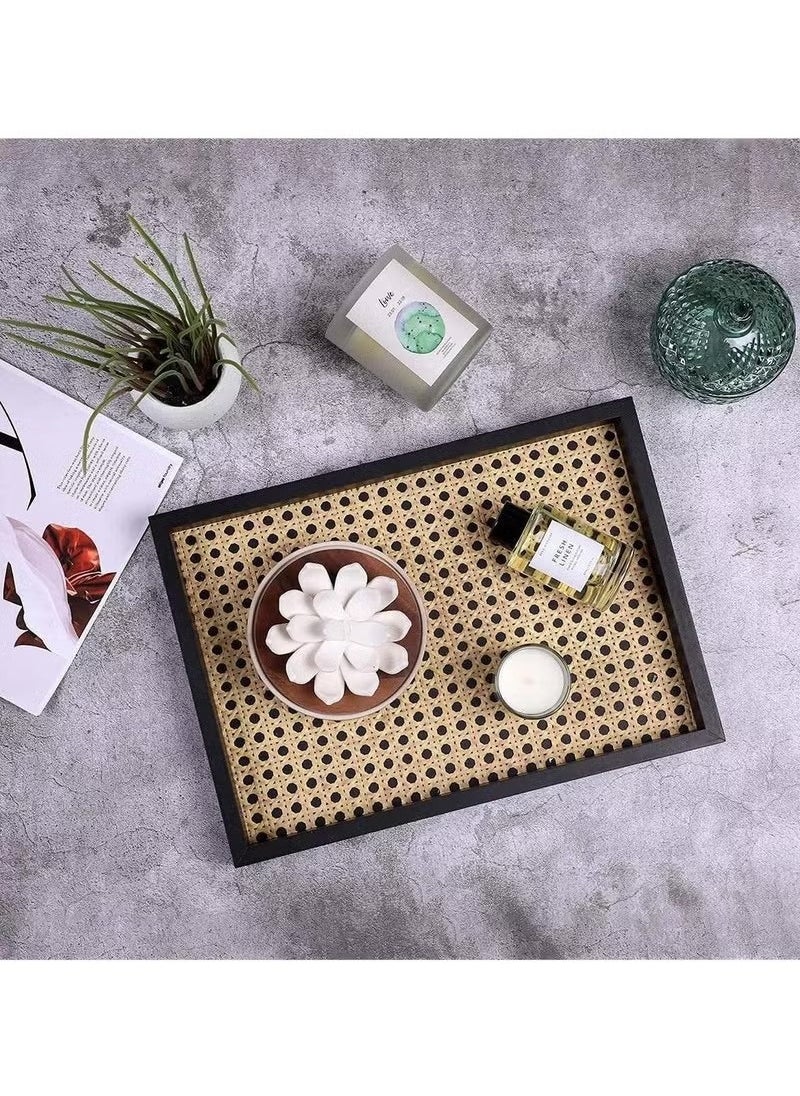 Generic Rectangle Serving Tray with Imitated Rattan, Basket Serving Tray with Black Wooden Frame for Coffee, Breakfast, Food, Drink, Make Up Decorative Trays 32 x 23 x 2 cm  - Image 1