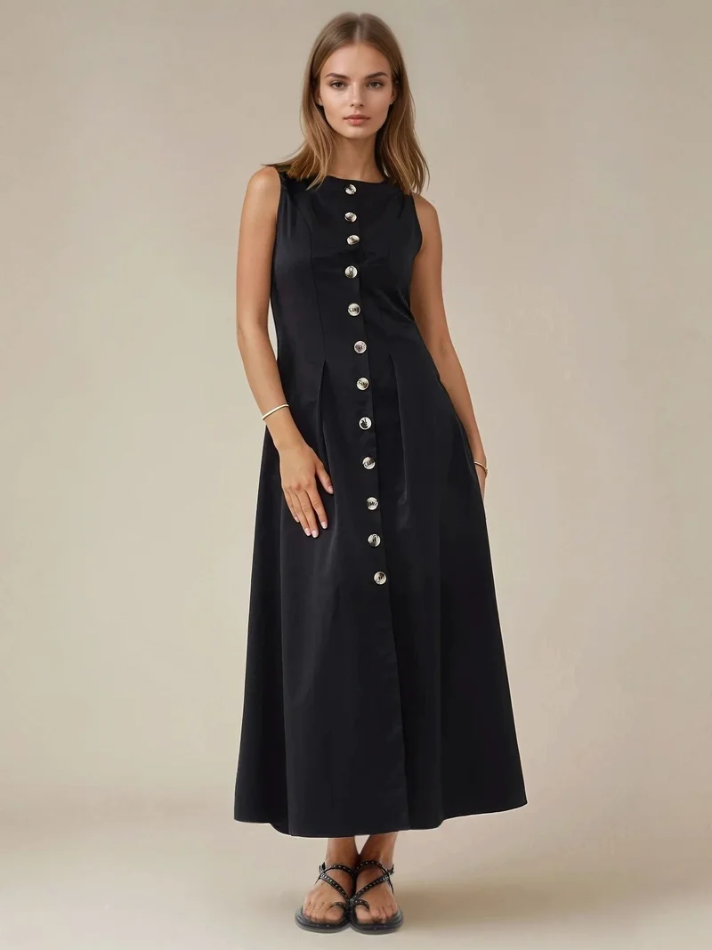 زوبعة فستان ماكسي بلا أكمام بتفاصيل أزرار