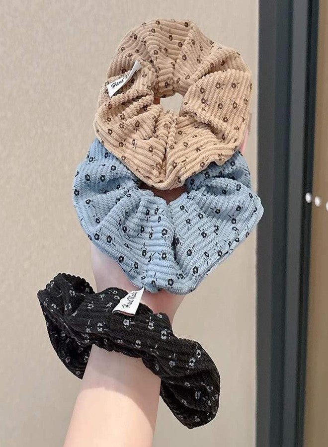 TUCEWP Scrunchies for Women Girls 4Pcs Floral Printed Corduroy Scrunchies for Thick Hair Cute Soft Hair Bands Rope Black Blue Beige Brown Scrunchie Ponytail Holders Elastic Hair Ties Hair Accessories - Image 4
