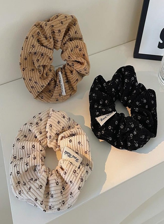TUCEWP Scrunchies for Women Girls 4Pcs Floral Printed Corduroy Scrunchies for Thick Hair Cute Soft Hair Bands Rope Black Blue Beige Brown Scrunchie Ponytail Holders Elastic Hair Ties Hair Accessories - Image 2