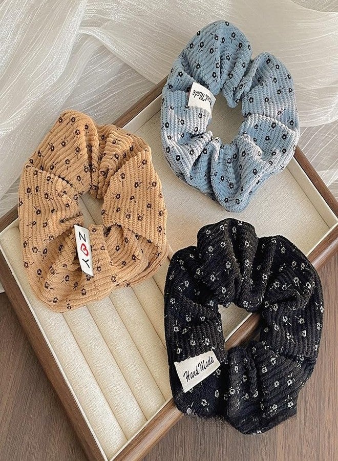 TUCEWP Scrunchies for Women Girls 4Pcs Floral Printed Corduroy Scrunchies for Thick Hair Cute Soft Hair Bands Rope Black Blue Beige Brown Scrunchie Ponytail Holders Elastic Hair Ties Hair Accessories - Image 3