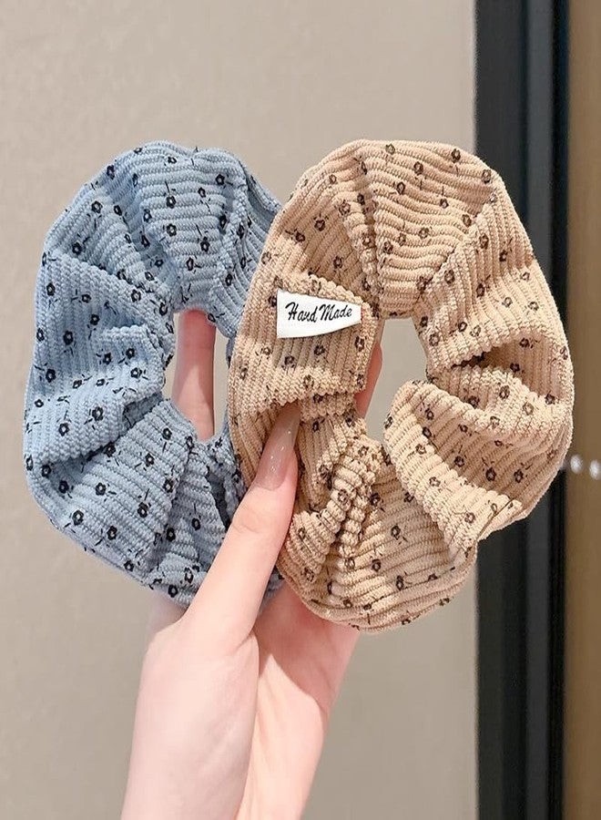 TUCEWP Scrunchies for Women Girls 4Pcs Floral Printed Corduroy Scrunchies for Thick Hair Cute Soft Hair Bands Rope Black Blue Beige Brown Scrunchie Ponytail Holders Elastic Hair Ties Hair Accessories - Image 5