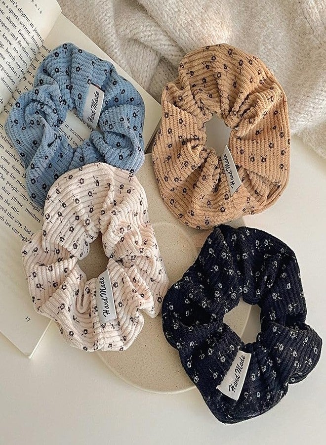 TUCEWP Scrunchies for Women Girls 4Pcs Floral Printed Corduroy Scrunchies for Thick Hair Cute Soft Hair Bands Rope Black Blue Beige Brown Scrunchie Ponytail Holders Elastic Hair Ties Hair Accessories - Image 1
