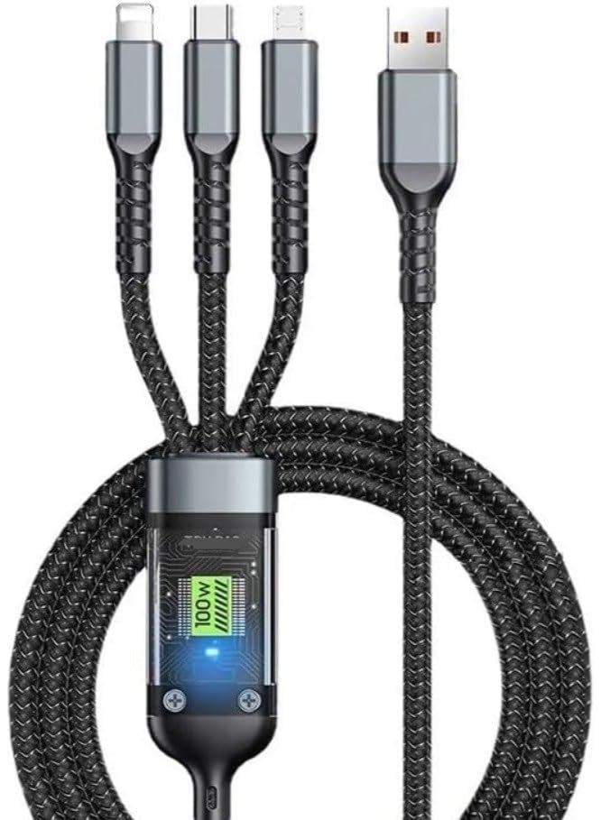 Charger Cable Nylon Braided 3 in 1 Transparent Luminous Charging Cable Multi USB Cable Fast 100W Charging Cord with Type-C, Micro USB and Compatible with Most iPhon-es & iPads &Android - Image 1