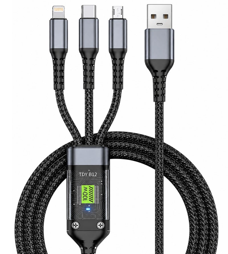 Charger Cable Nylon Braided 3 in 1 Transparent Luminous Charging Cable Multi USB Cable Fast 100W Charging Cord with Type-C, Micro USB and Compatible with Most iPhon-es & iPads &Android - Image 1