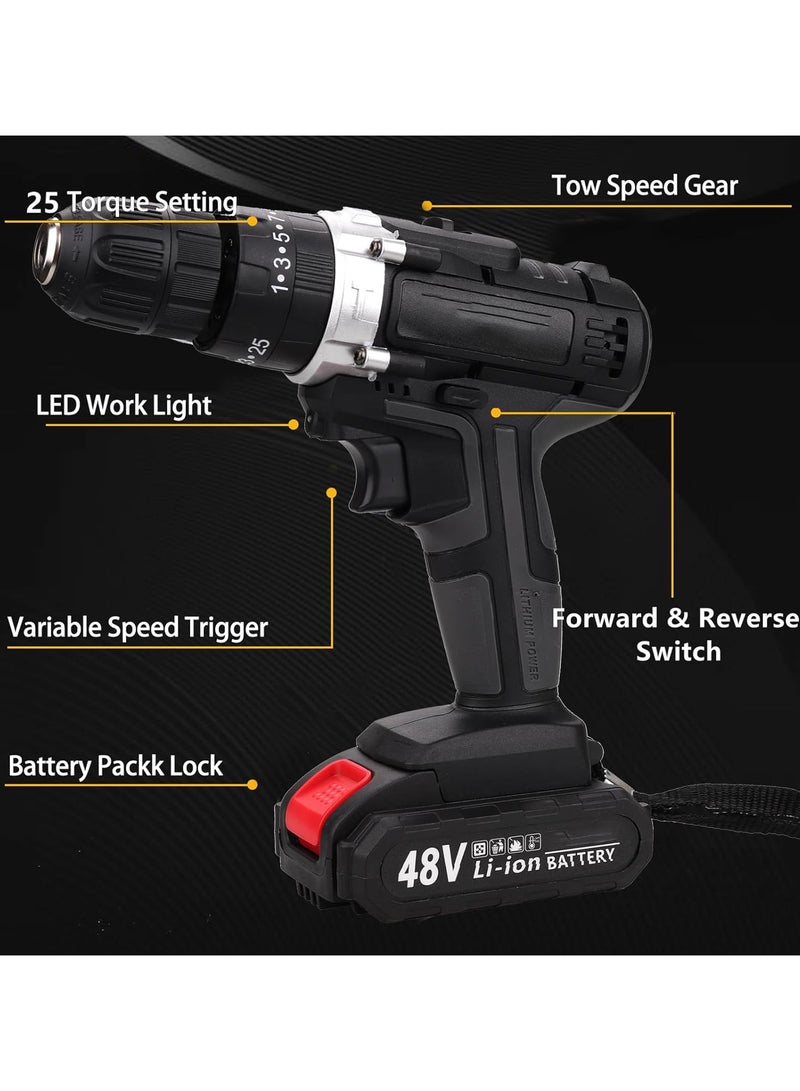 Favarey Cordless Drill Set, 48V Power Drill Kit with 2 Pcs Battery, 25+3 Position, 2 Variable Speed, 3/8'' Keyless Chuck, Fast Charger and 24 Pcs Accessories with Case - Image 2