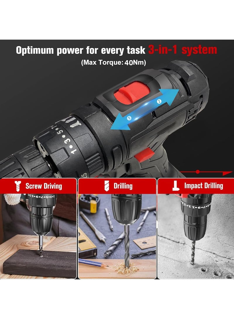 Favarey Cordless Drill Set, 48V Power Drill Kit with 2 Pcs Battery, 25+3 Position, 2 Variable Speed, 3/8'' Keyless Chuck, Fast Charger and 24 Pcs Accessories with Case - Image 4