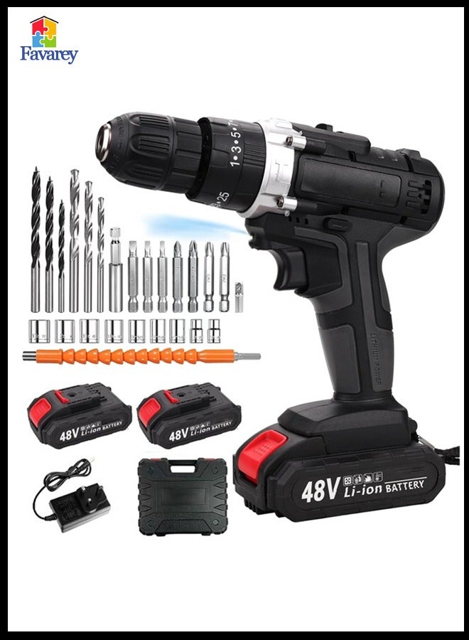 Favarey Cordless Drill Set, 48V Power Drill Kit with 2 Pcs Battery, 25+3 Position, 2 Variable Speed, 3/8'' Keyless Chuck, Fast Charger and 24 Pcs Accessories with Case - Image 1