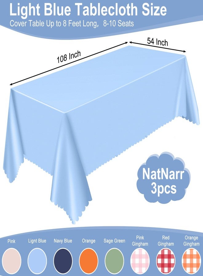 NatNarr 3 Pack Plastic Light Blue Tablecloth, 54 X 108Inch Disposable Baby Blue Scalloped Edge Tablecoth for Rectangle Table Waterproof Light Blue Table Cover for Wedding Birthday Baby Shower Decor - Image 2