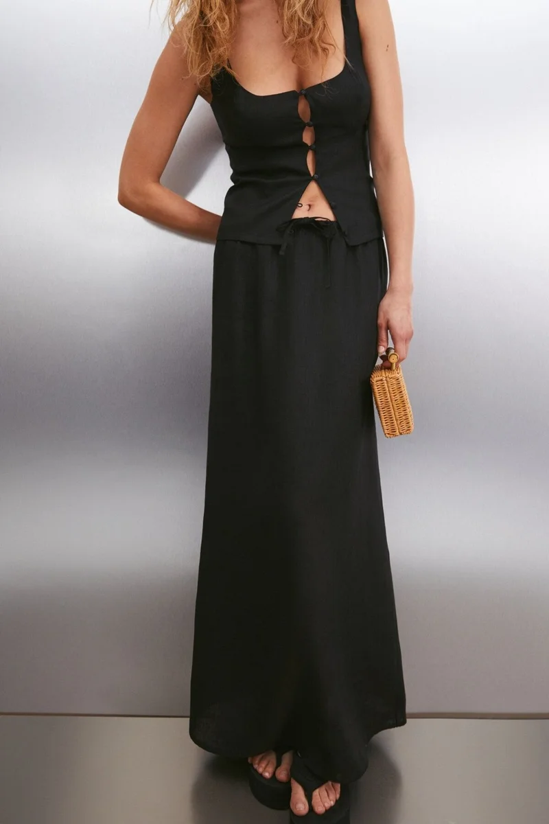 جريميلانج OMBRETTA Women's 100% Linen Regular Black Skirt