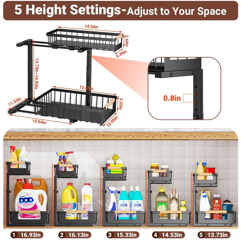 GUUKAR Under Sink Organizer, L-Shape 2 Tier Pull Out Cabinet Organizer with Adjustable Height, Metal Sliding Storage Rack for Kitchen Bathroom Pantry, Black, 2 Pack - Image 3