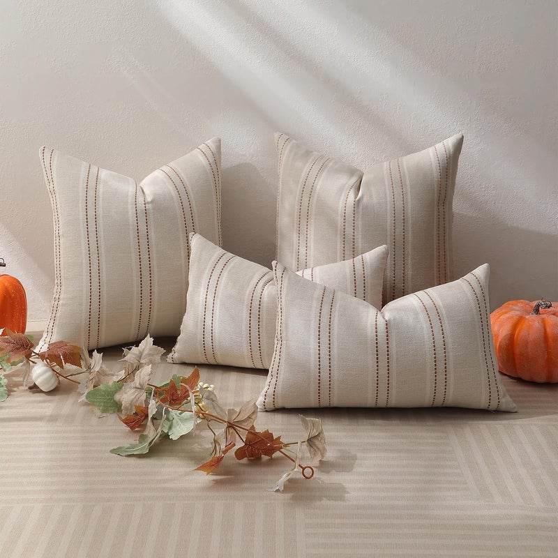 Hckot Fall Throw Pillow Covers 18x18 Set of 2 Striped Pillow Covers Textured Linen Decorative Pillows Square Cushion Covers for Sofa Couch Bed Living Room Farmhouse Decor(Caramel) - Image 5