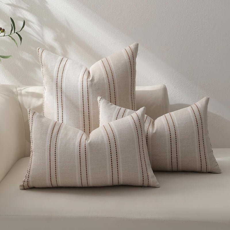 Hckot Fall Throw Pillow Covers 18x18 Set of 2 Striped Pillow Covers Textured Linen Decorative Pillows Square Cushion Covers for Sofa Couch Bed Living Room Farmhouse Decor(Caramel) - Image 2