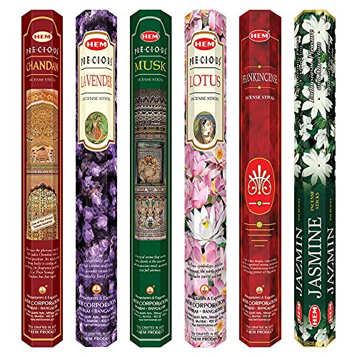 Hem Precious Combo Incense Assorted Pack | Lavender, Lotus, Jasmine Blossom, Musk, Frankincense/Loban, Precious Chandan | Burning Time: 35-40 Minutes | Approx. 120 Sticks | Pack of 6 - Image 1