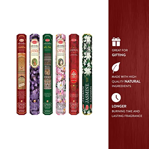 Hem Precious Combo Incense Assorted Pack | Lavender, Lotus, Jasmine Blossom, Musk, Frankincense/Loban, Precious Chandan | Burning Time: 35-40 Minutes | Approx. 120 Sticks | Pack of 6 - Image 5