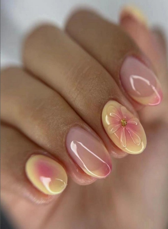 OCOUYVD Flower Almond Shaped Press on Nails Summer Short False Nails with 3D Embossed Design Pink Yellow Gradient Fake Nails Glossy Full Cover Acrylic Nails Stick on Nails for Women Nail Decorations 24 Pcs - Image 1
