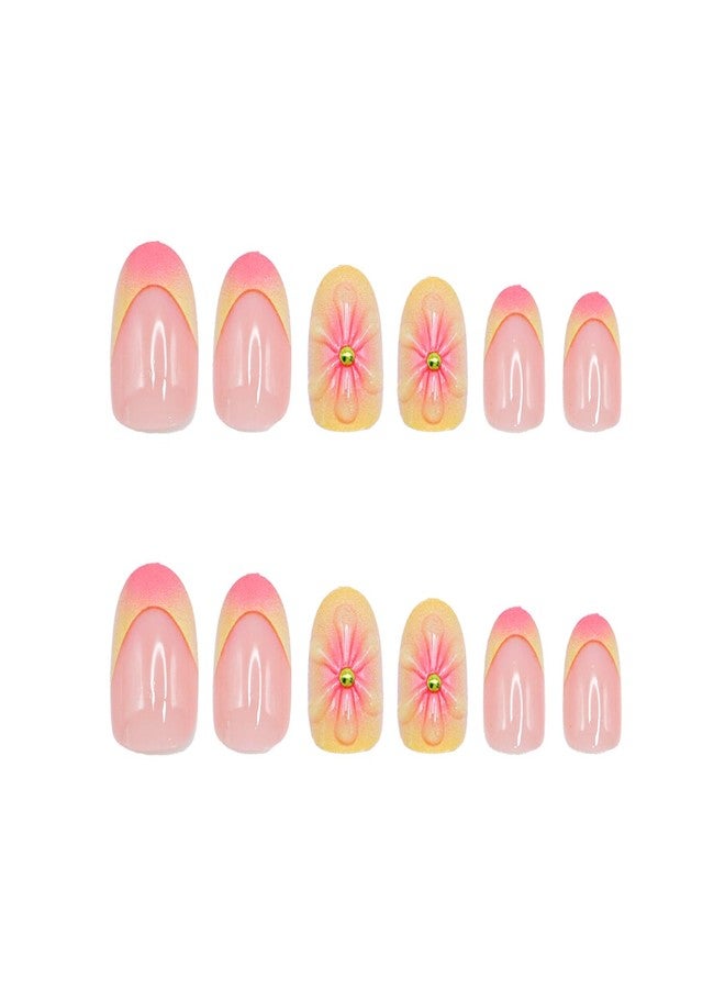 OCOUYVD Flower Almond Shaped Press on Nails Summer Short False Nails with 3D Embossed Design Pink Yellow Gradient Fake Nails Glossy Full Cover Acrylic Nails Stick on Nails for Women Nail Decorations 24 Pcs - Image 4