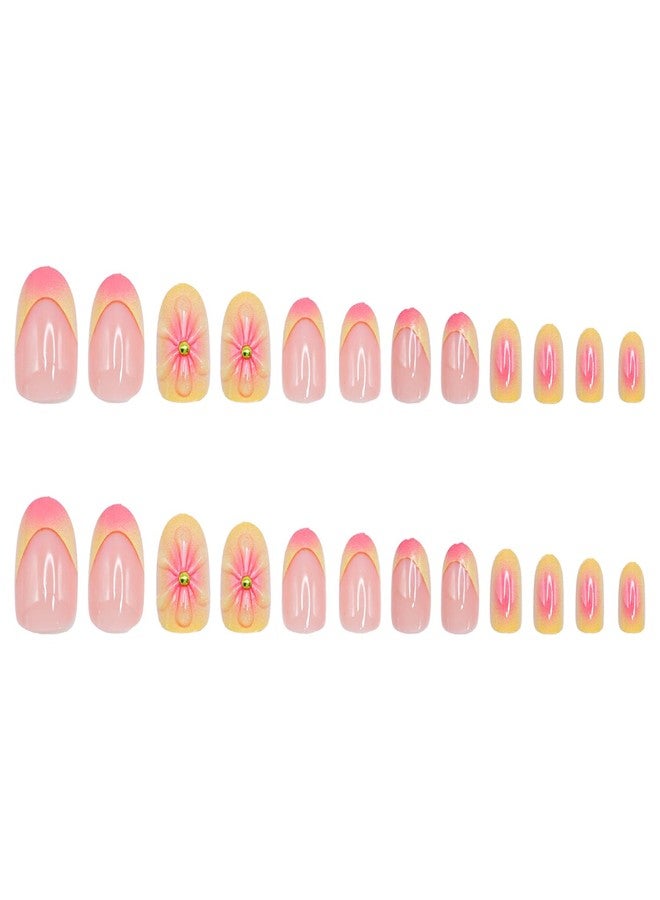 OCOUYVD Flower Almond Shaped Press on Nails Summer Short False Nails with 3D Embossed Design Pink Yellow Gradient Fake Nails Glossy Full Cover Acrylic Nails Stick on Nails for Women Nail Decorations 24 Pcs - Image 3