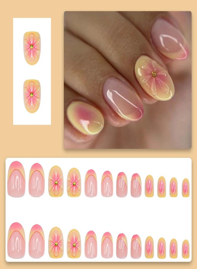 OCOUYVD Flower Almond Shaped Press on Nails Summer Short False Nails with 3D Embossed Design Pink Yellow Gradient Fake Nails Glossy Full Cover Acrylic Nails Stick on Nails for Women Nail Decorations 24 Pcs - Image 2