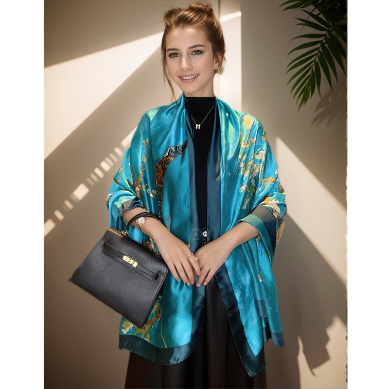 vimate Large Satin Scarf-Spring Summer Silk Like Lightweight Blue Long Scarf Beach Shawl Head Wraps for Women Neck (Style 01) - Image 3