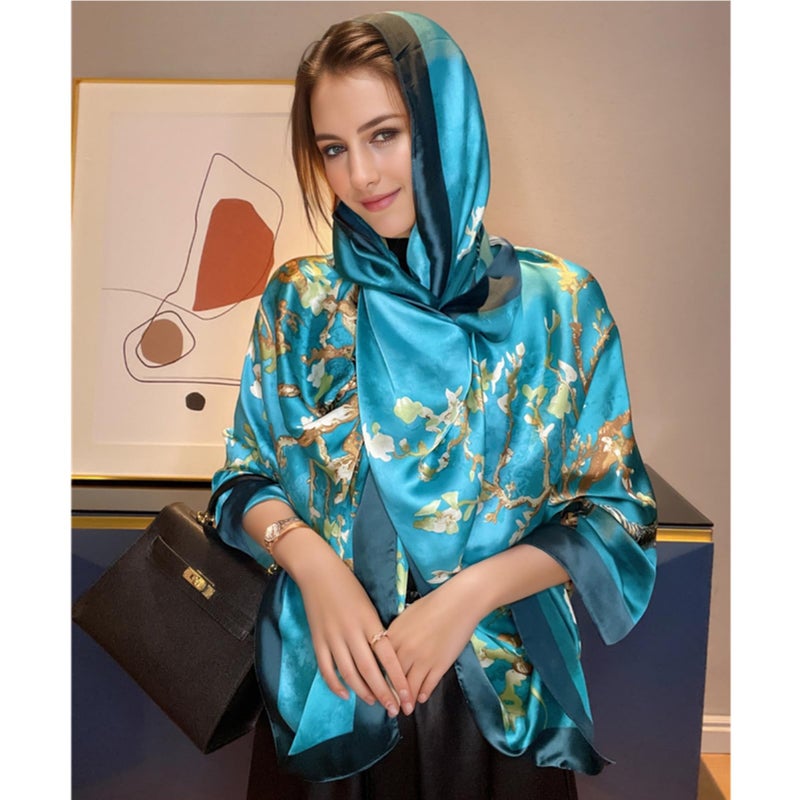 vimate Large Satin Scarf-Spring Summer Silk Like Lightweight Blue Long Scarf Beach Shawl Head Wraps for Women Neck (Style 01) - Image 4