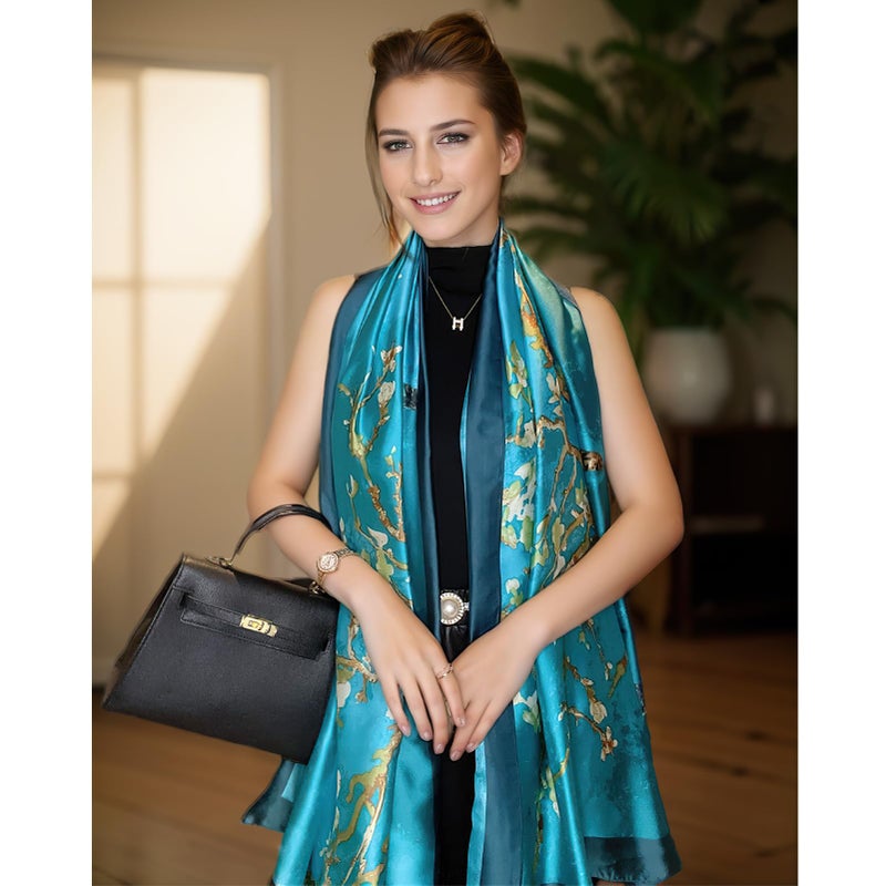 vimate Large Satin Scarf-Spring Summer Silk Like Lightweight Blue Long Scarf Beach Shawl Head Wraps for Women Neck (Style 01) - Image 5