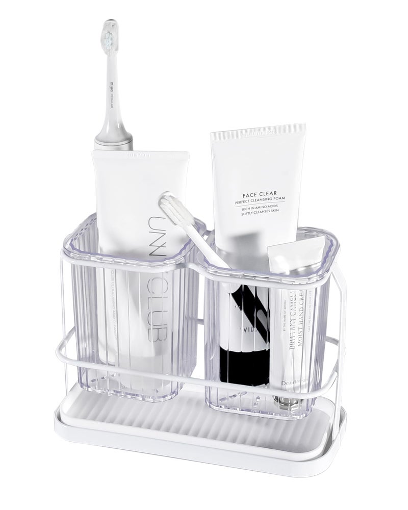 KONE Clear Toothbrush Holders for Bathroom, 2 Cups Wall Mounted, Dry & Wet Separation, Organizers and Storage Set for Family Kids - Image 1