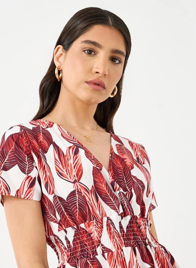 Take Two Take Two All-Over Print V-Neck Smocking Detail Midi Dress