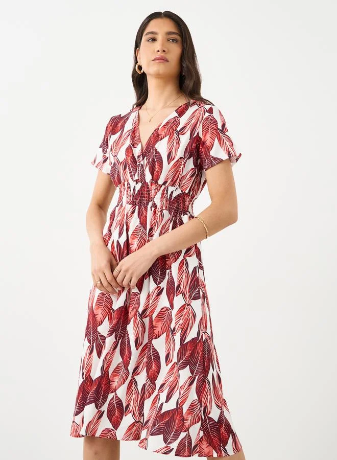 Take Two Take Two All-Over Print V-Neck Smocking Detail Midi Dress