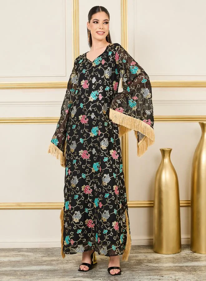 Maxim Creation All Over Floral Embroidered Jalabiya with Tassel Detail by Styli
